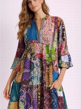 Raj 100% cotton Kantha Patchwork Midi Dress in Multicolor